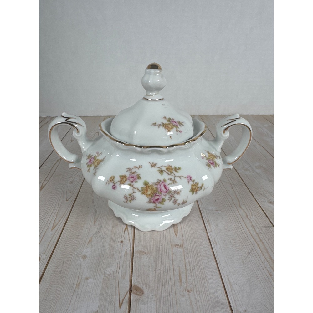 Johann Haviland Michele Sugar Bowl w Lid Bavaria Germany Pink Yellow‎ Roses Gold